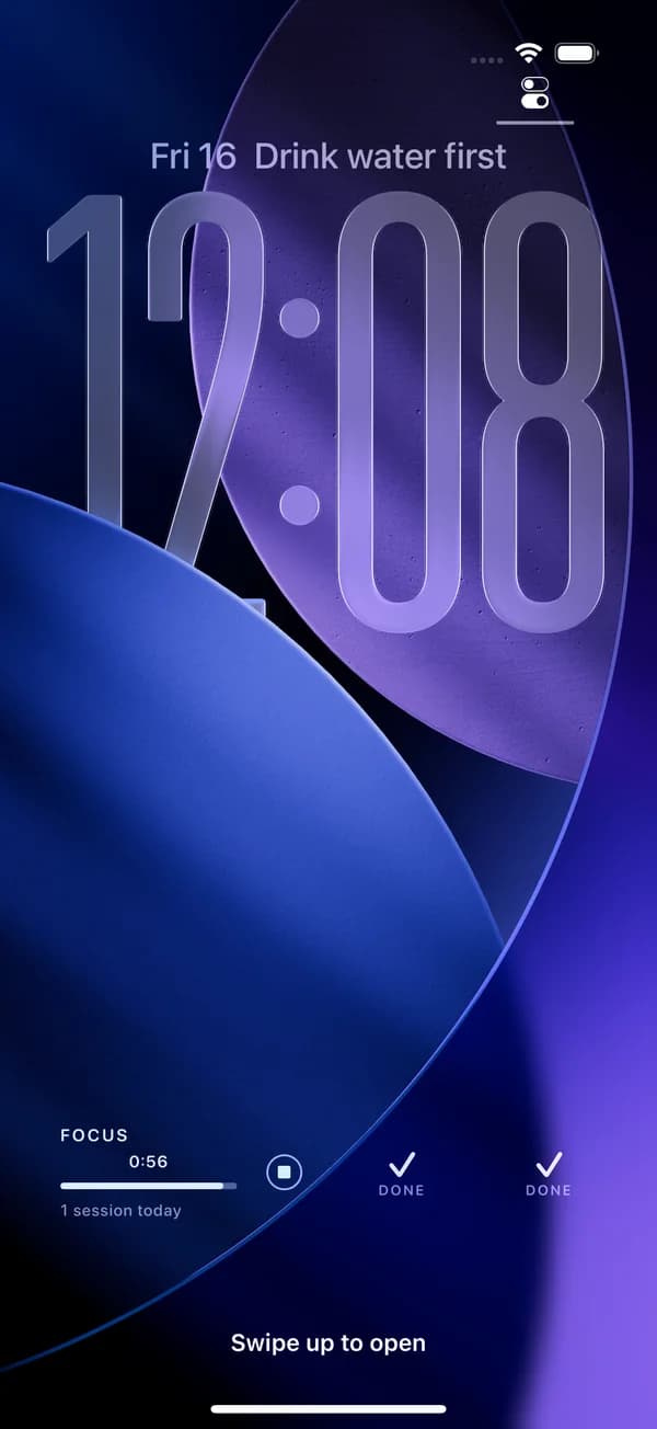 A real iPhone Lock Screen with WidgetFold widgets: a focus timer running and two habits marked done.