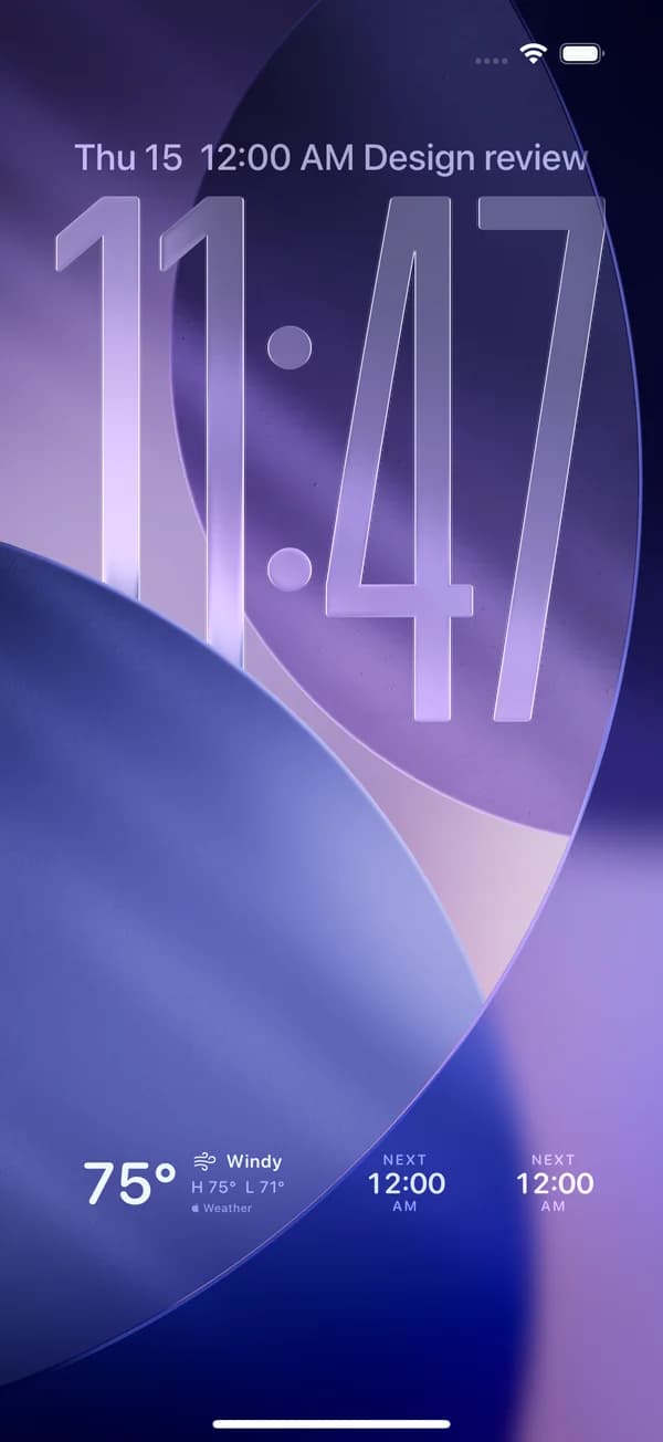 A real iPhone Lock Screen with WidgetFold widgets: the weather, and two next-event slots.