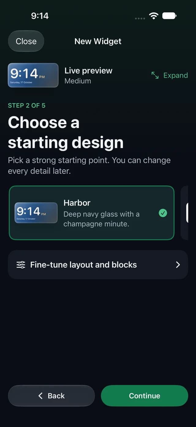 Step 2 of 5, Choose a starting design: Harbor, deep navy glass with a champagne minute, is selected.