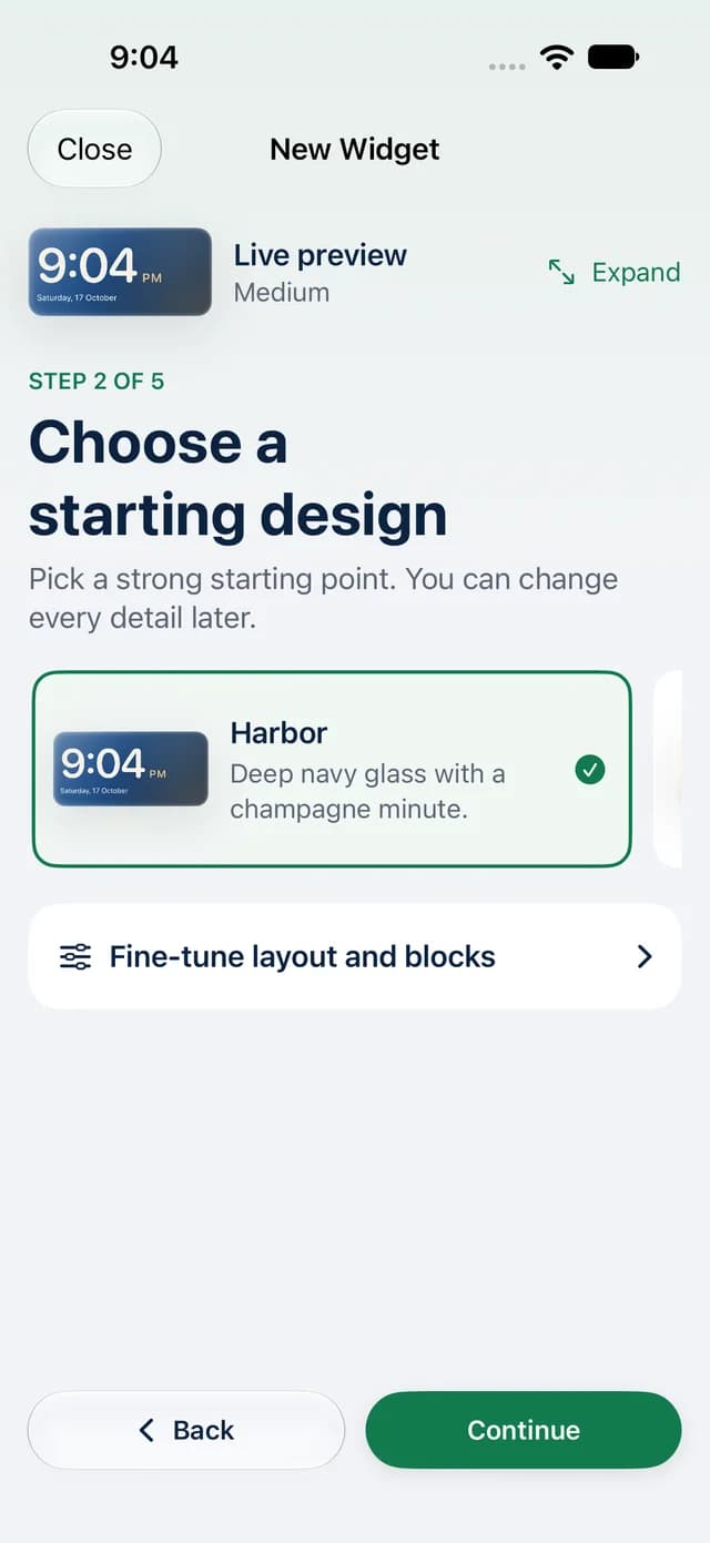 Step 2 of 5, Choose a starting design: Harbor, deep navy glass with a champagne minute, is selected.