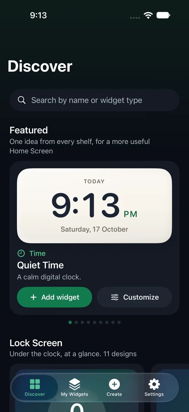 Discover in WidgetFold: a featured Quiet Time clock with Add widget and Customize, and a Lock Screen shelf below.