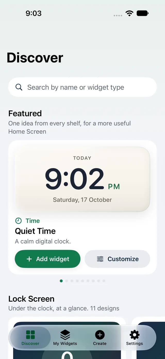 Discover in WidgetFold: a featured Quiet Time clock with Add widget and Customize, and a Lock Screen shelf below.
