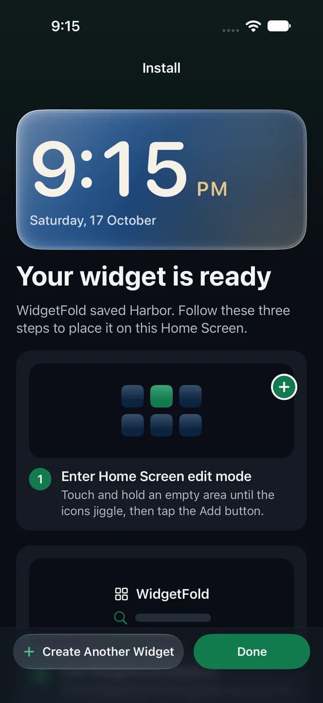 Your widget is ready: WidgetFold saved Harbor and shows the three steps to place it on the Home Screen.