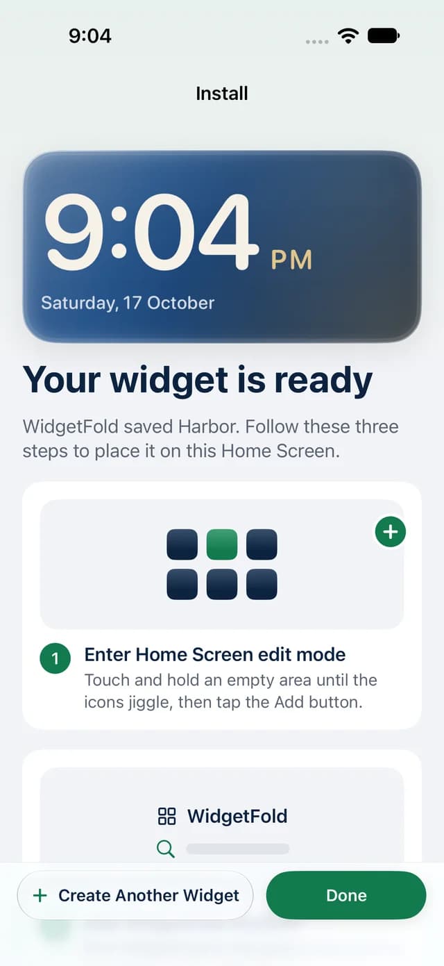 Your widget is ready: WidgetFold saved Harbor and shows the three steps to place it on the Home Screen.