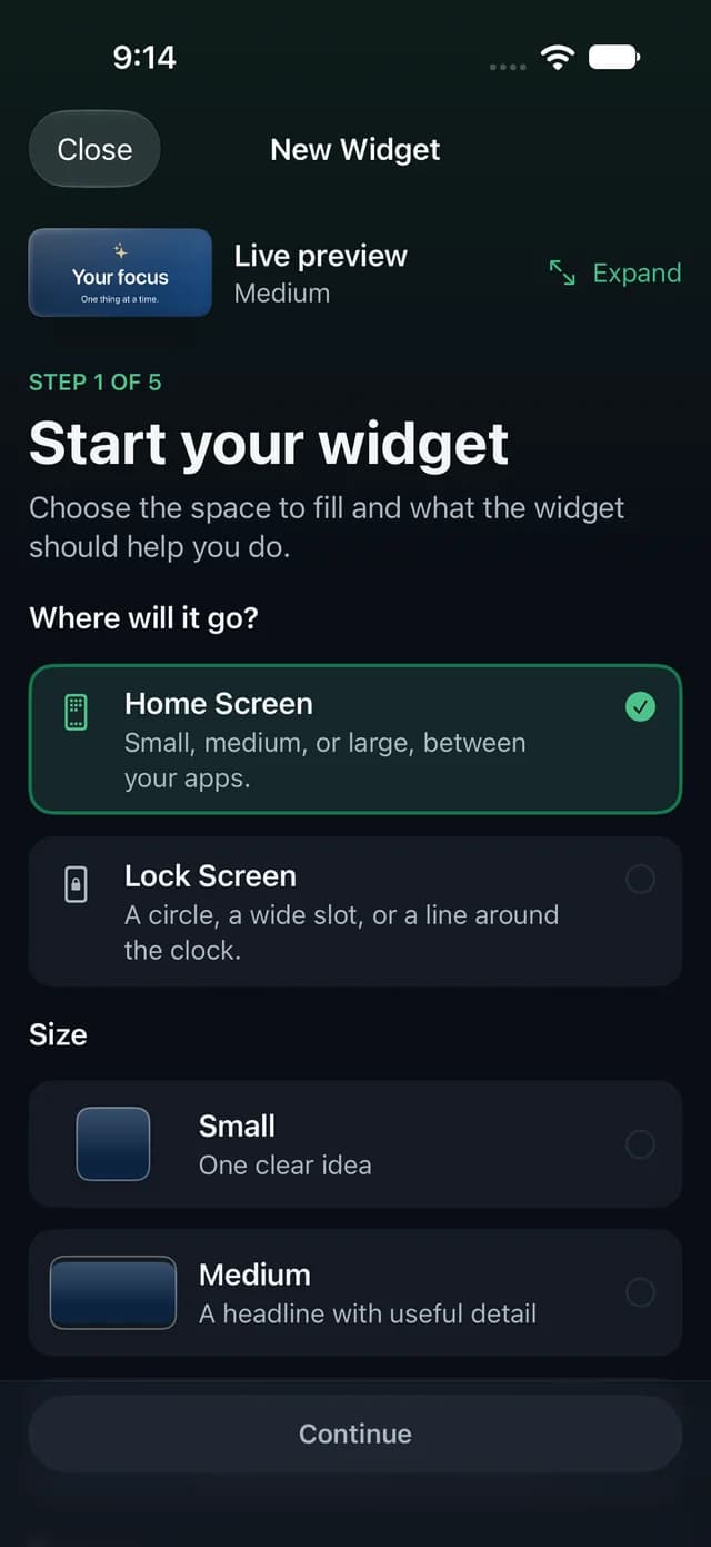 Step 1 of 5, Start your widget: choose Home Screen or Lock Screen, then a size.