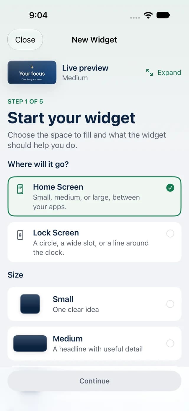 Step 1 of 5, Start your widget: choose Home Screen or Lock Screen, then a size.