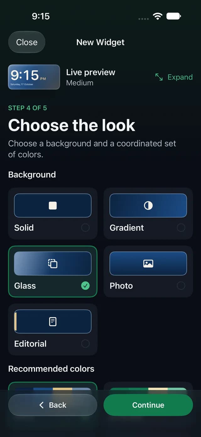 Step 4 of 5, Choose the look: Solid, Gradient, Glass, Photo, and Editorial backgrounds, with Glass selected.