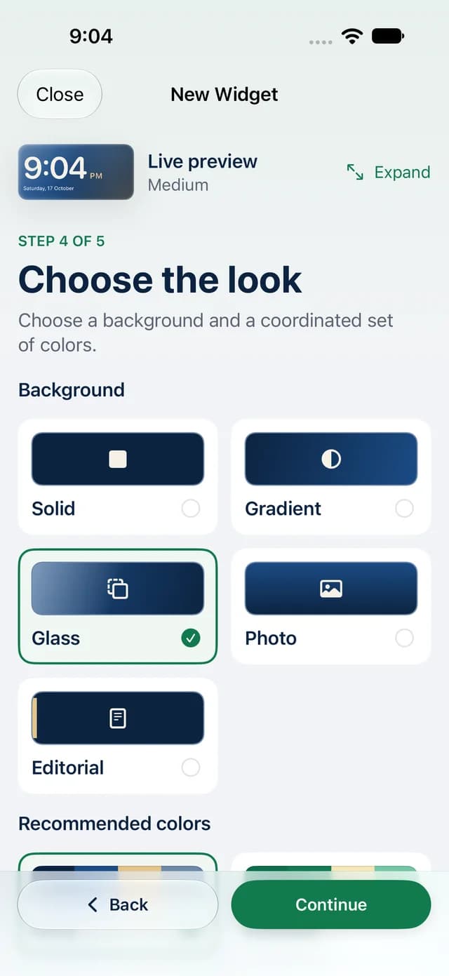 Step 4 of 5, Choose the look: Solid, Gradient, Glass, Photo, and Editorial backgrounds, with Glass selected.